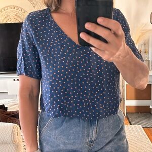 Ring Navy and Orange Polka Dot Blouse